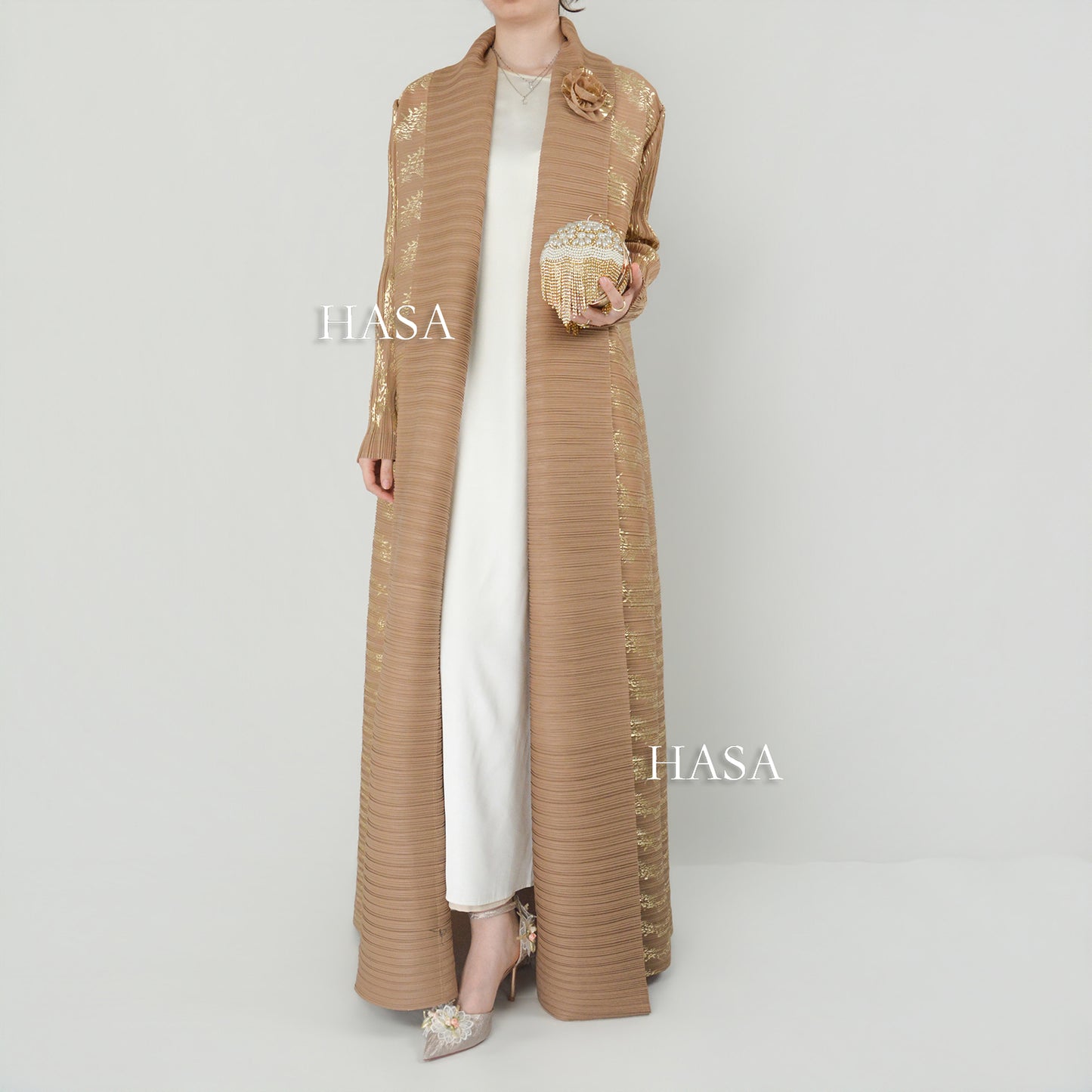 HS5838 Gold-stamped Pleated Long Cardigan with Belt