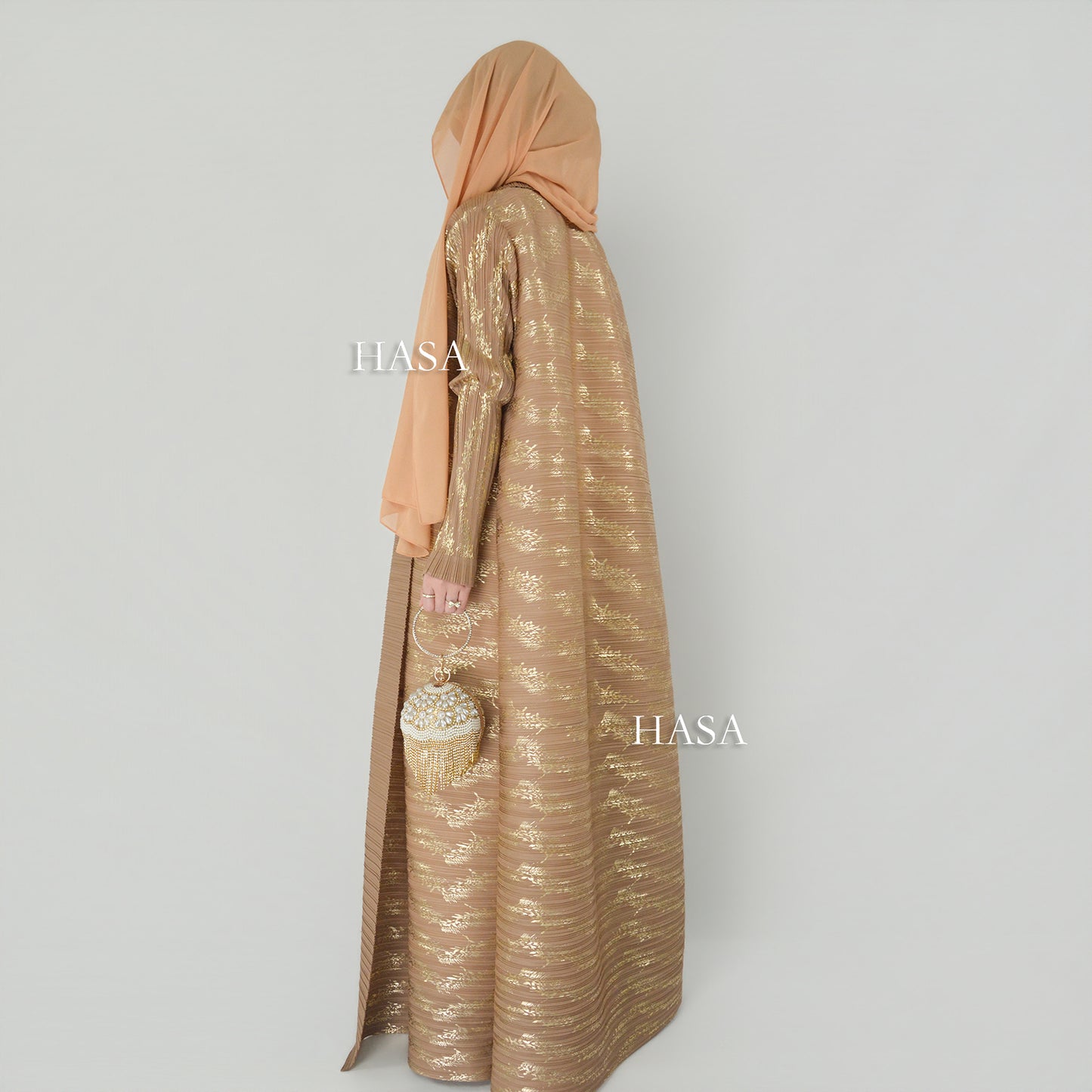 HS5838 Gold-stamped Pleated Long Cardigan with Belt