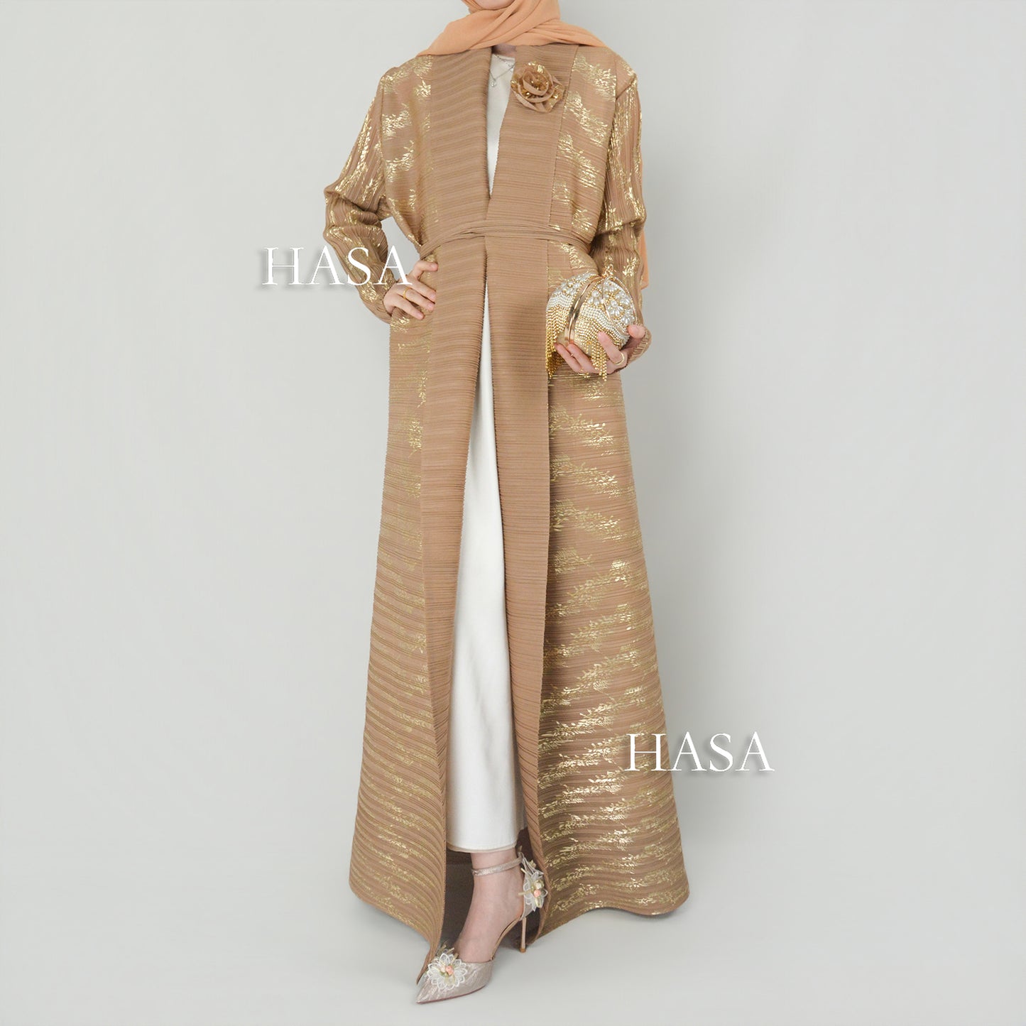 HS5838 Gold-stamped Pleated Long Cardigan with Belt