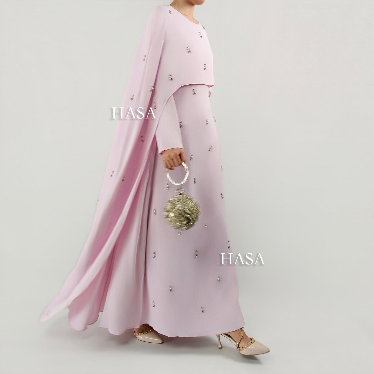 HS6505 Beaded Maxi Dress with Attached Cape Overlay