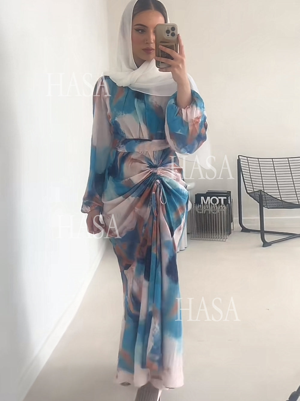 HASASERIES HS1228 Printemps Nouvelle Mode Style Graffiti Manches Bulles Robe Longue