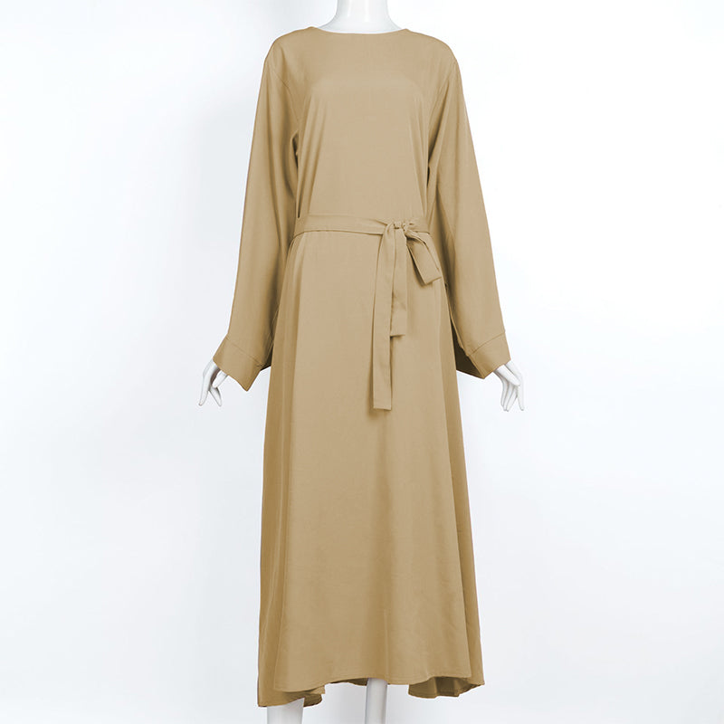 HS0477 Casual abaya solid color airy women's long sleeve round neck maxi dress