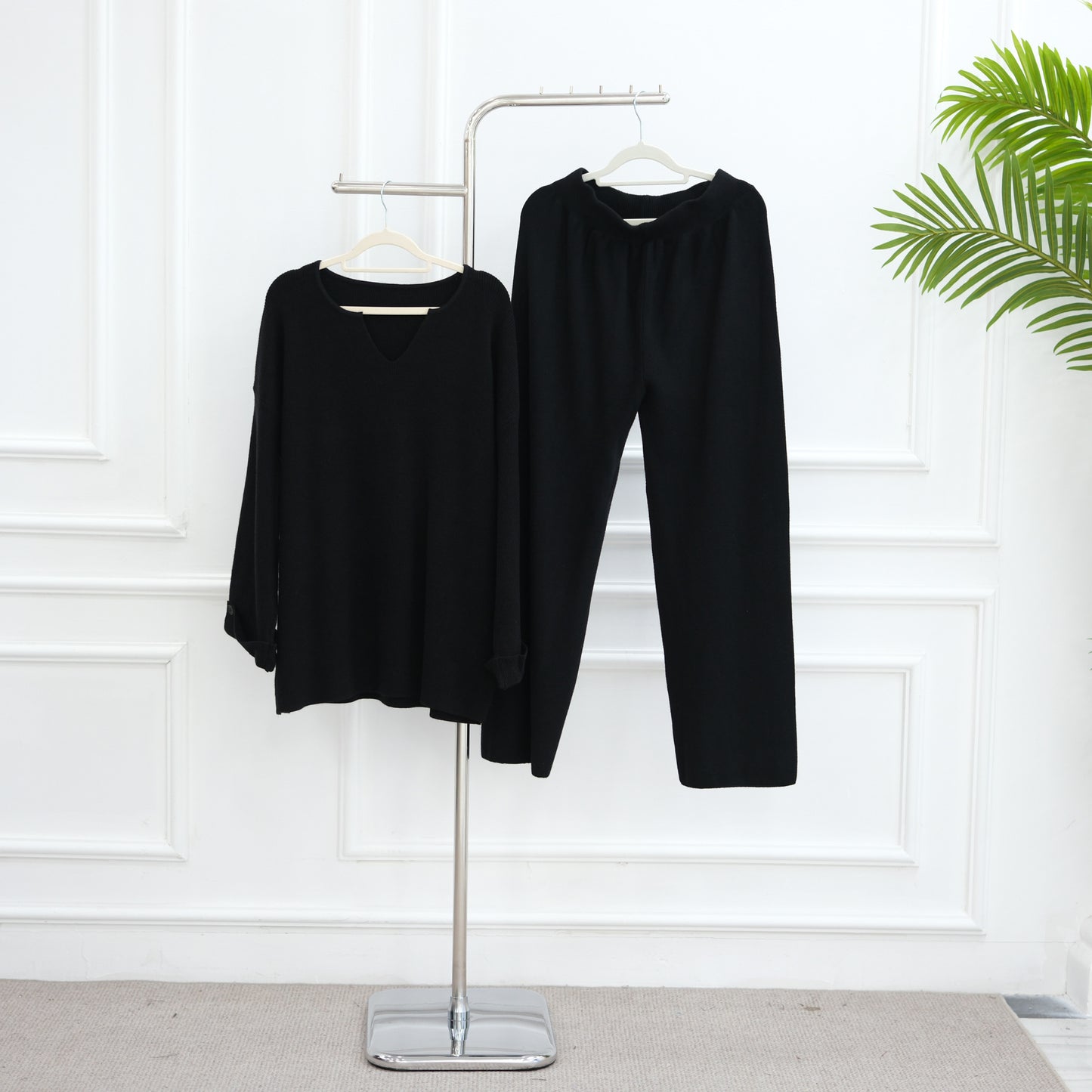 HS6600 Autumn and winter thickened knitted suit solid color two-piece suit (headscarf not included) cuff button design