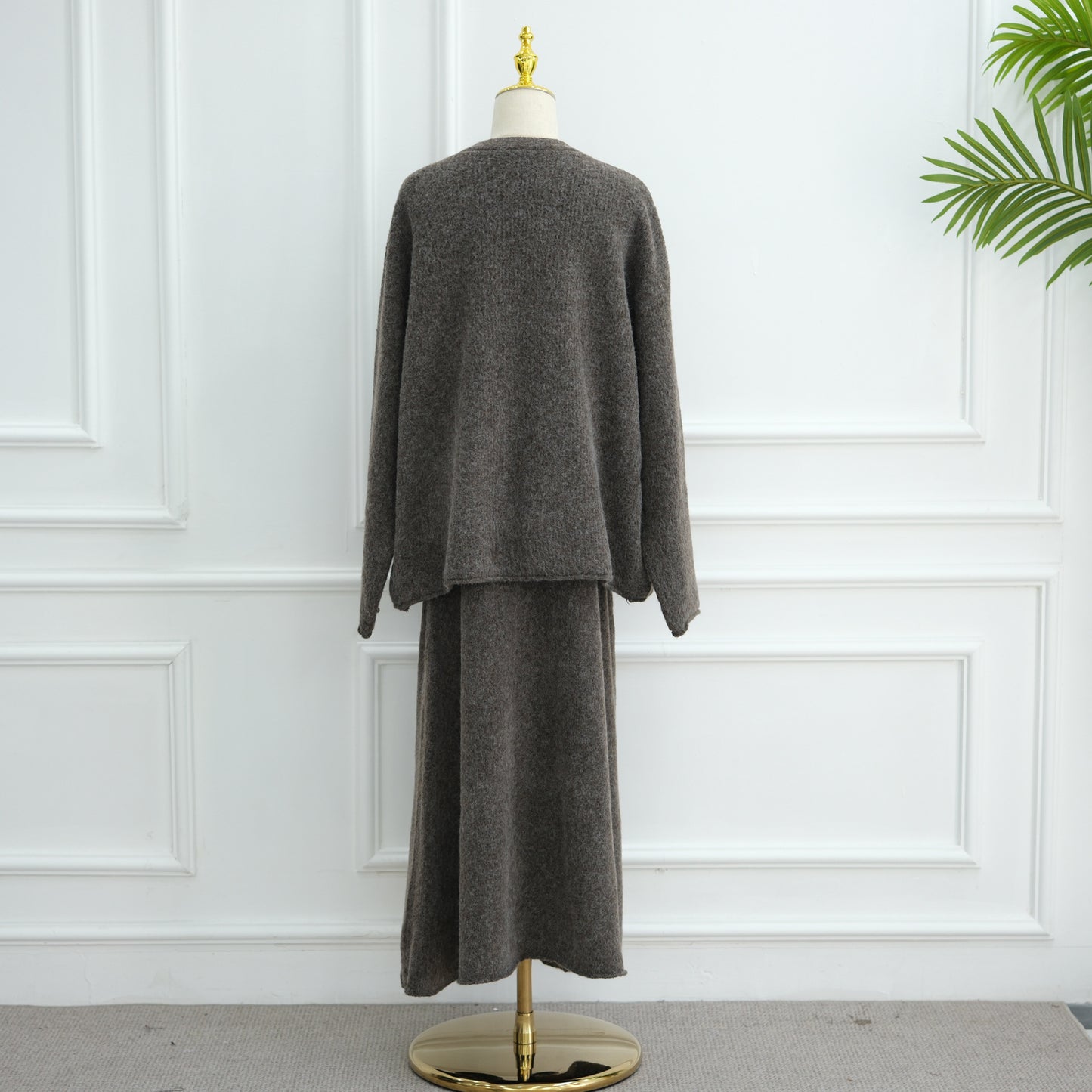 HS6596 Autumn and winter thickened knitted three-piece suit (excluding headscarf) vest + cardigan + skirt