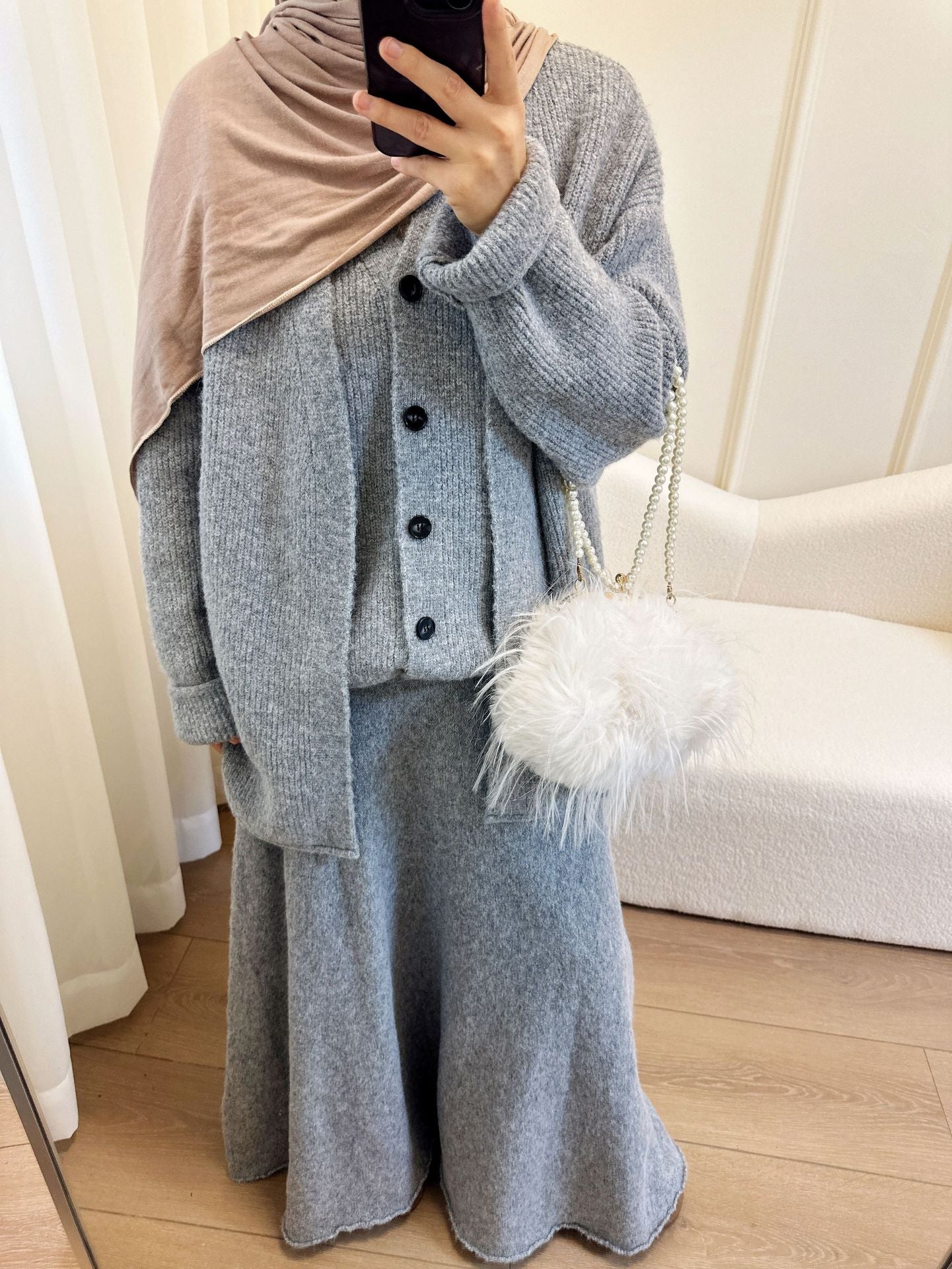HS6596 Autumn and winter thickened knitted three-piece suit (excluding headscarf) vest + cardigan + skirt