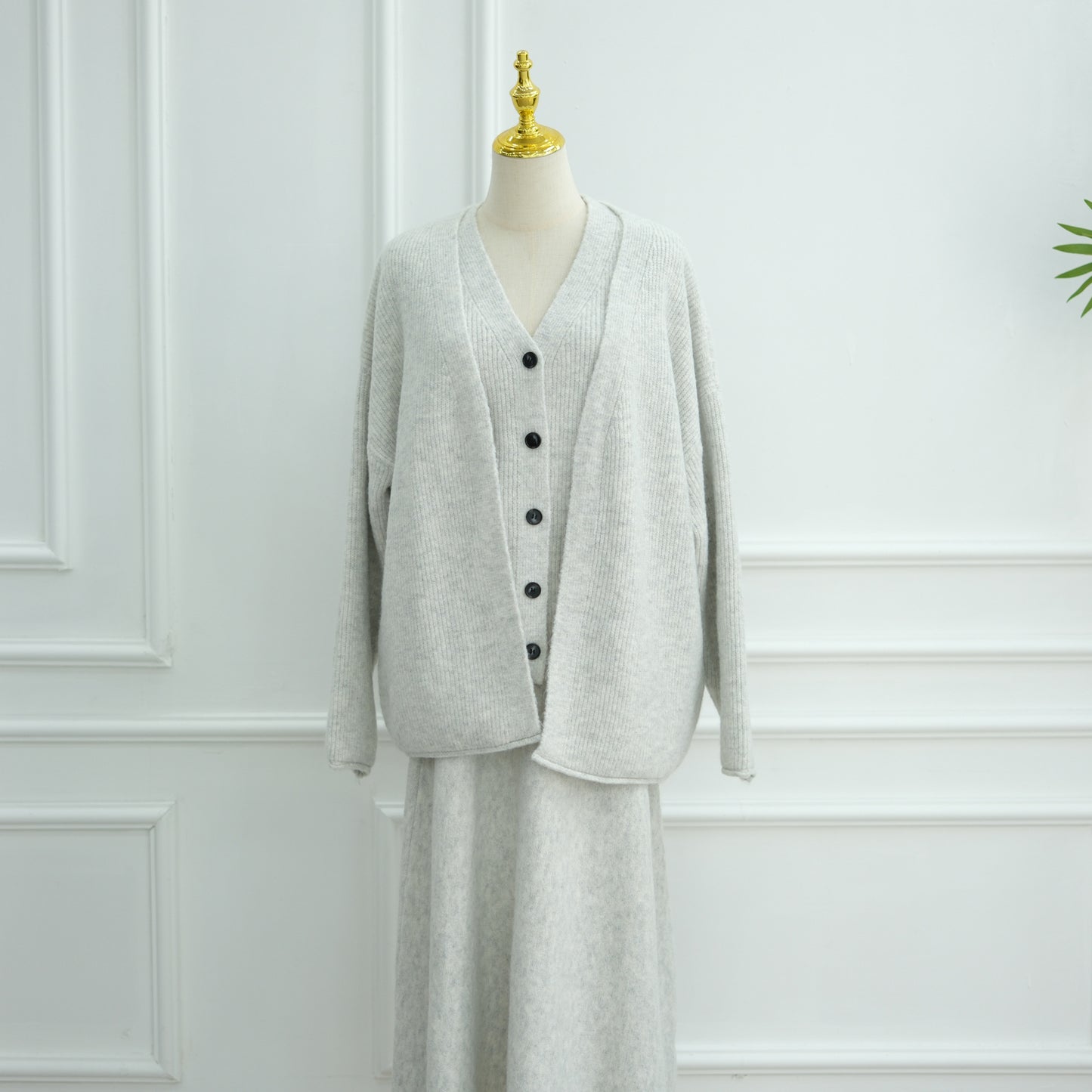HS6596 Autumn and winter thickened knitted three-piece suit (excluding headscarf) vest + cardigan + skirt