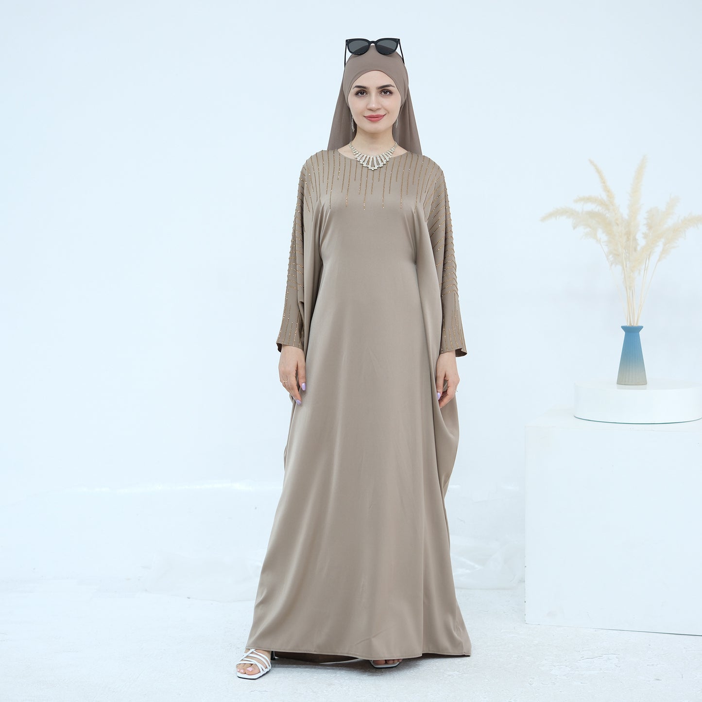 HS6610 Rhinestone-embellished long Abaya dress (headscarf not included)
