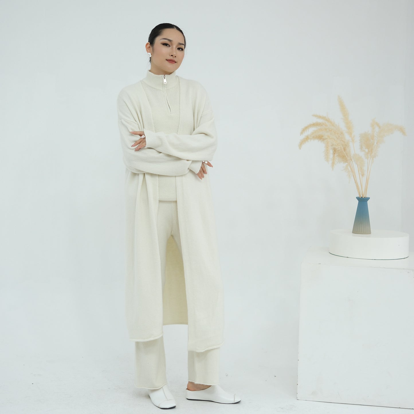 HS6603 Thickened knitted three-piece long coat set (with optional headscarf)