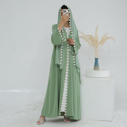 HS6616 Green Flower Stitching Cardigan Two-Piece Set (Including Headscarf)