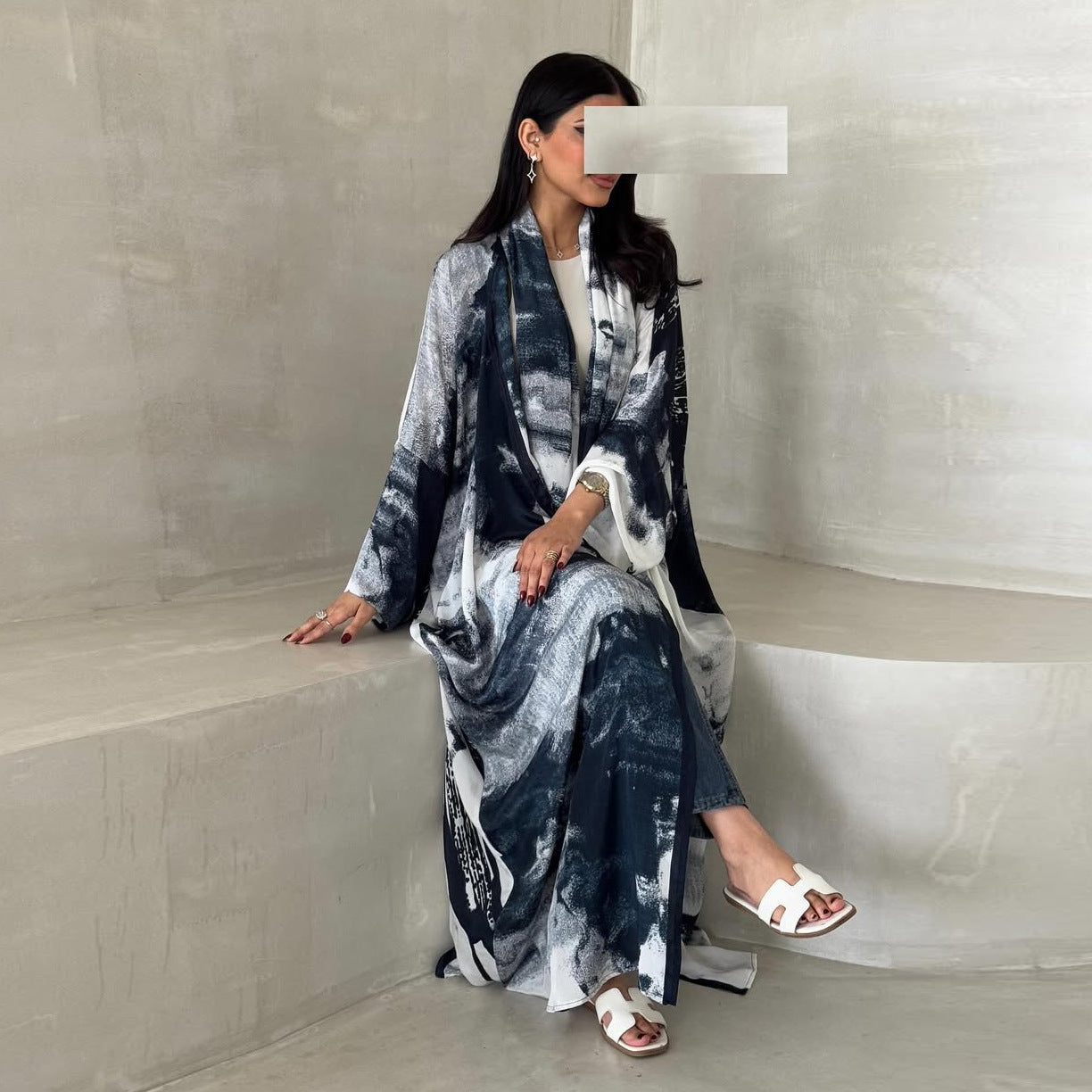 HS6638 Chiffon Printed Cardigan Two-piece Long Coat with Headscarf