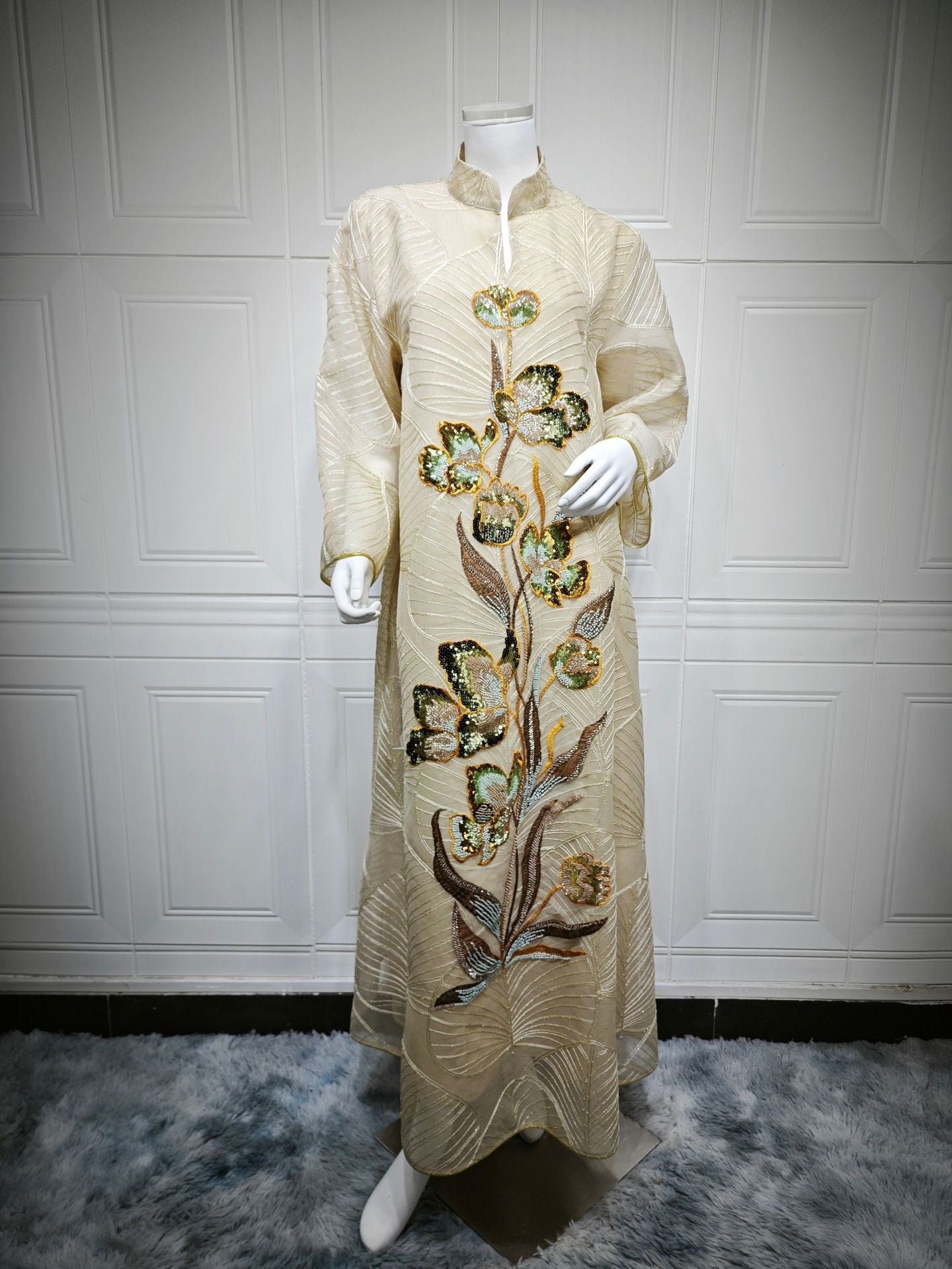 HS6657 Women's Long Robe Dress with Mesh Embroidery