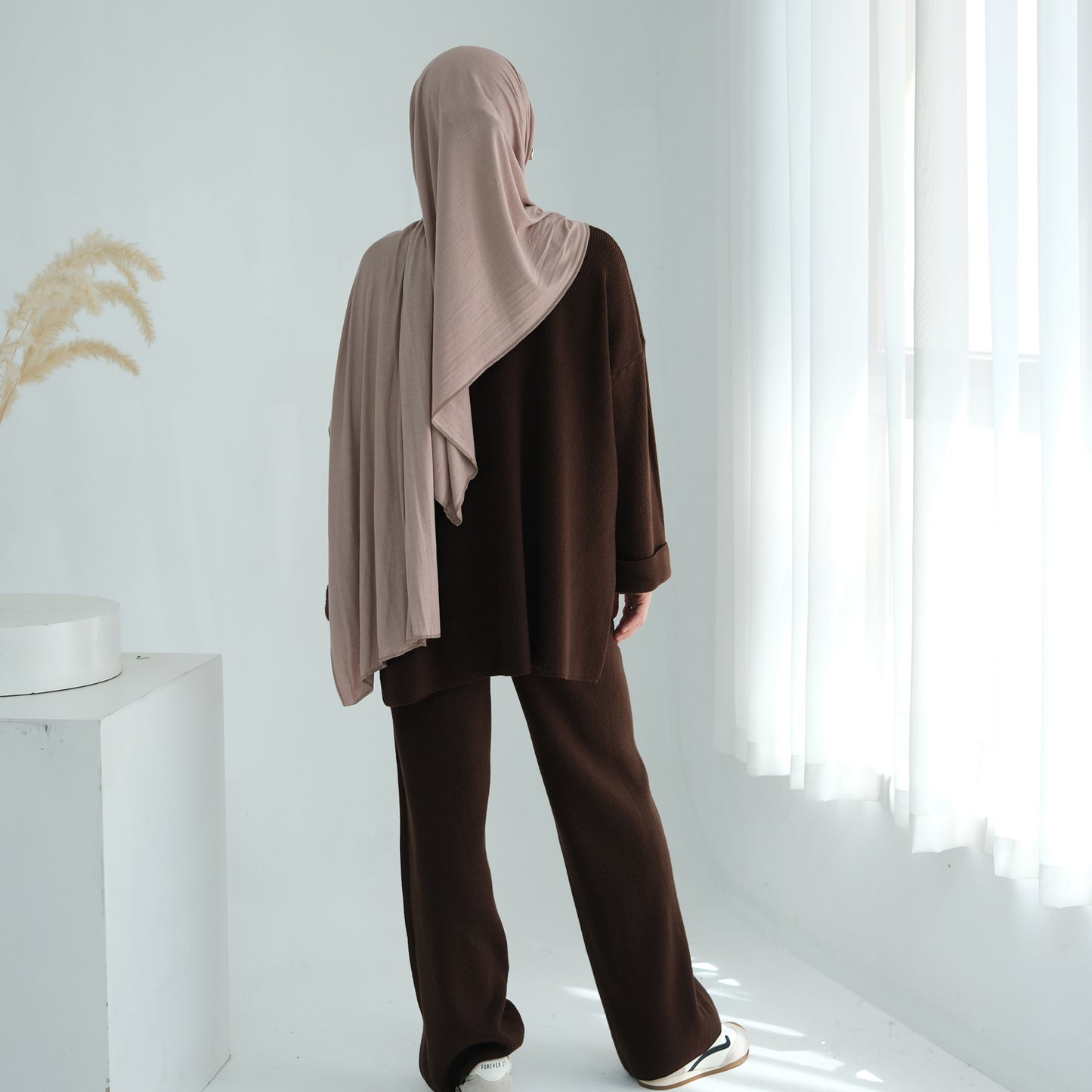 HS6599 Autumn and Winter Thickened Knitted Suit Solid Color Two-piece Suit (excluding Headscarf) Top + Trousers