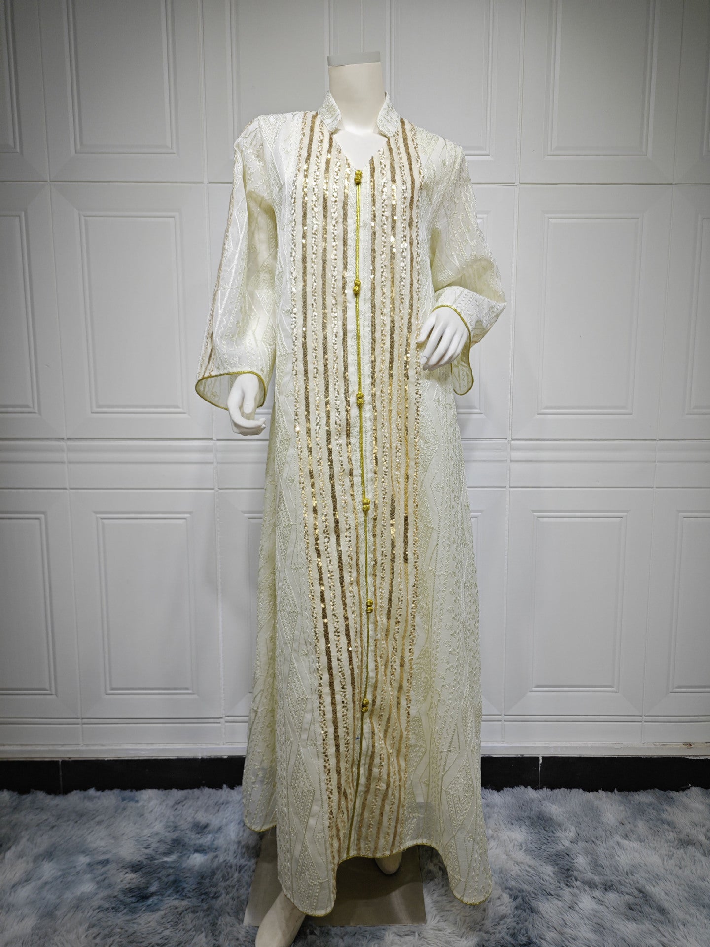 HS6662 Mesh embroidery sequin patchwork long-sleeved dress, loose robe style