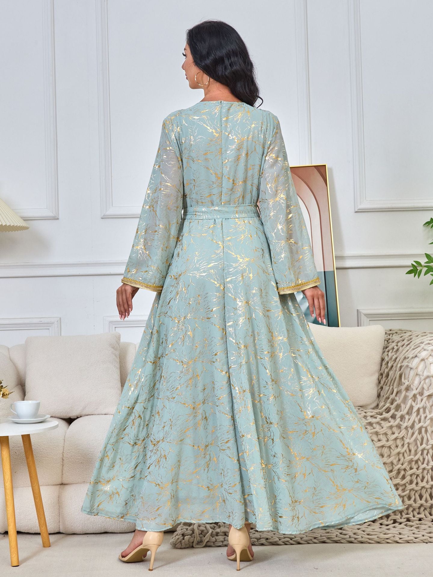 HS6731 V-neck gold-embroidered robe maxi dress