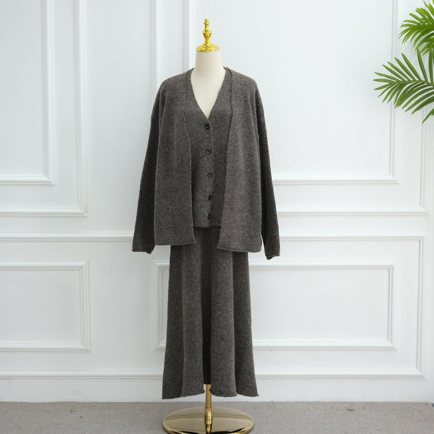HS6596 Autumn and winter thickened knitted three-piece suit (excluding headscarf) vest + cardigan + skirt