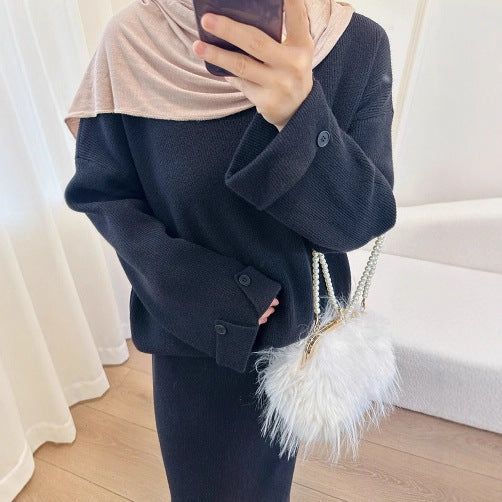 HS6597 Autumn and winter thickened knitted suit solid color two-piece suit (excluding headscarf) top + skirt