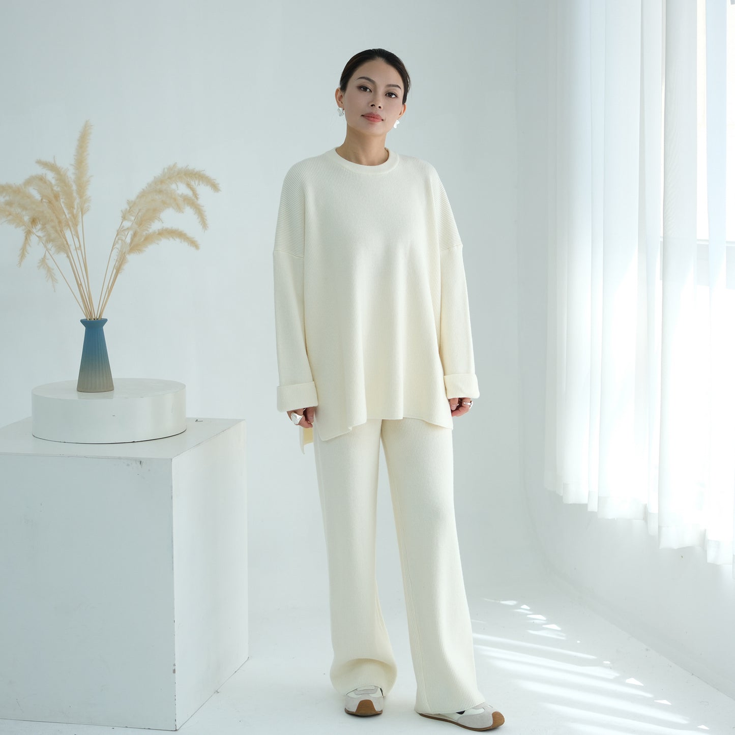 HS6599 Autumn and Winter Thickened Knitted Suit Solid Color Two-piece Suit (excluding Headscarf) Top + Trousers