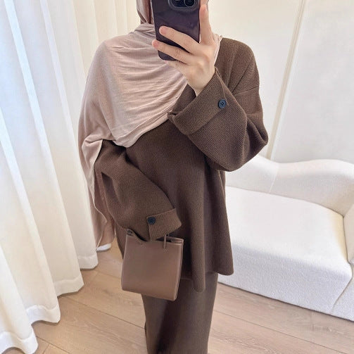 HS6597 Autumn and winter thickened knitted suit solid color two-piece suit (excluding headscarf) top + skirt