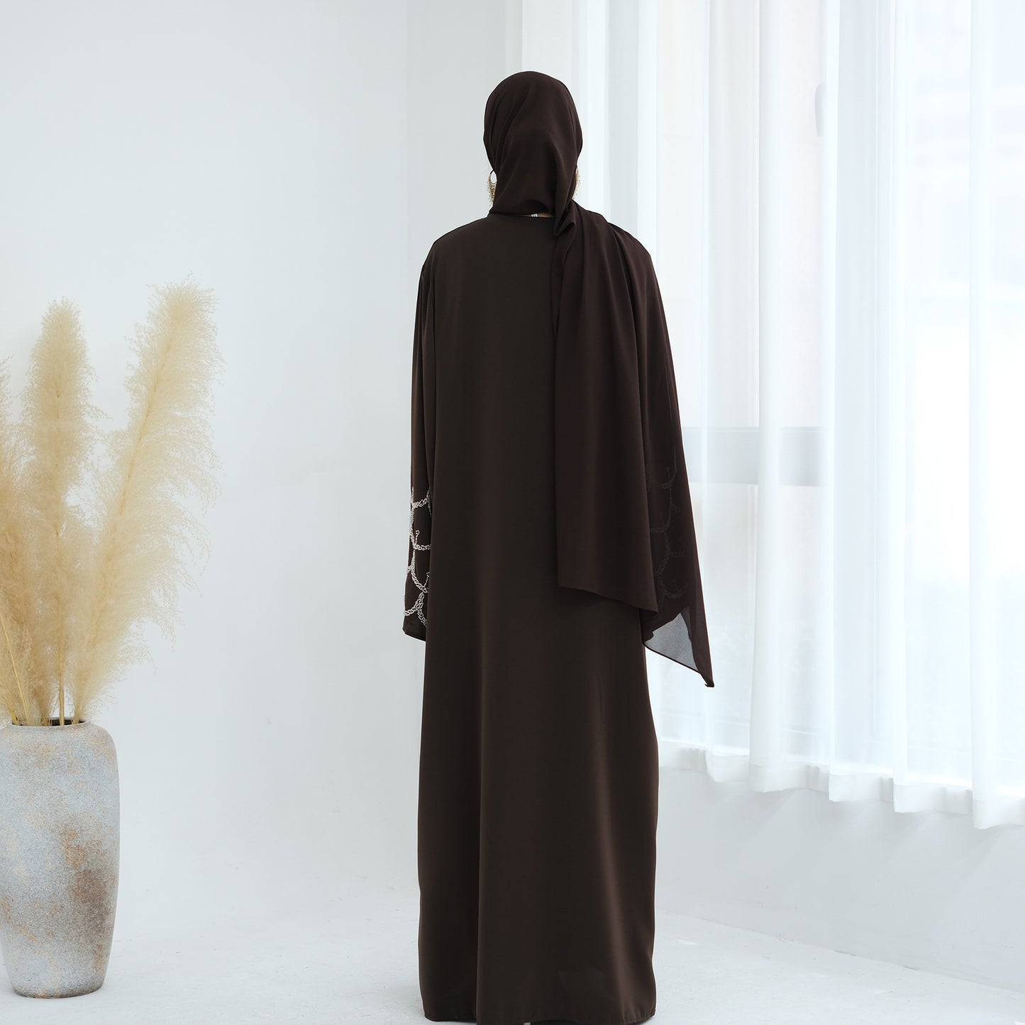 HS6608 Solid Color Hand-beaded Long Cardigan (headscarf Not Included)