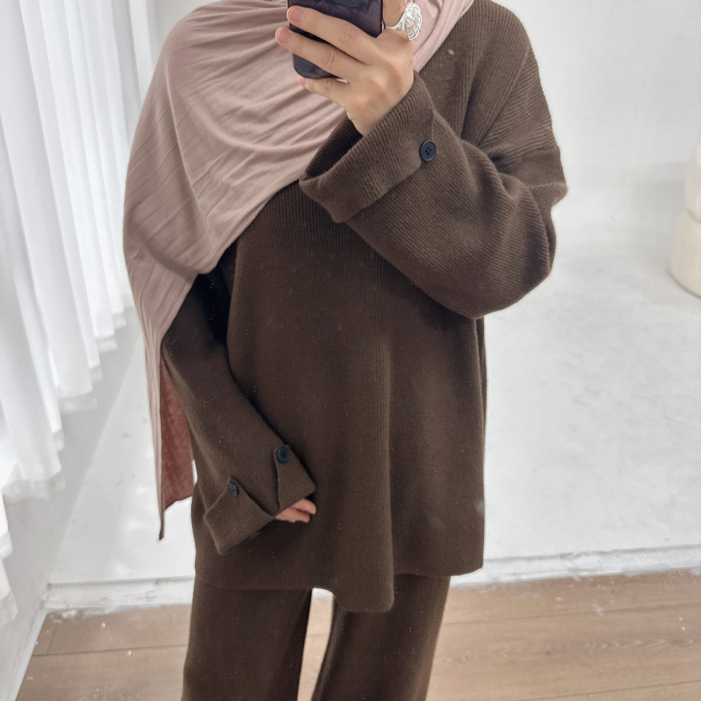 HS6600 Autumn and winter thickened knitted suit solid color two-piece suit (headscarf not included) cuff button design