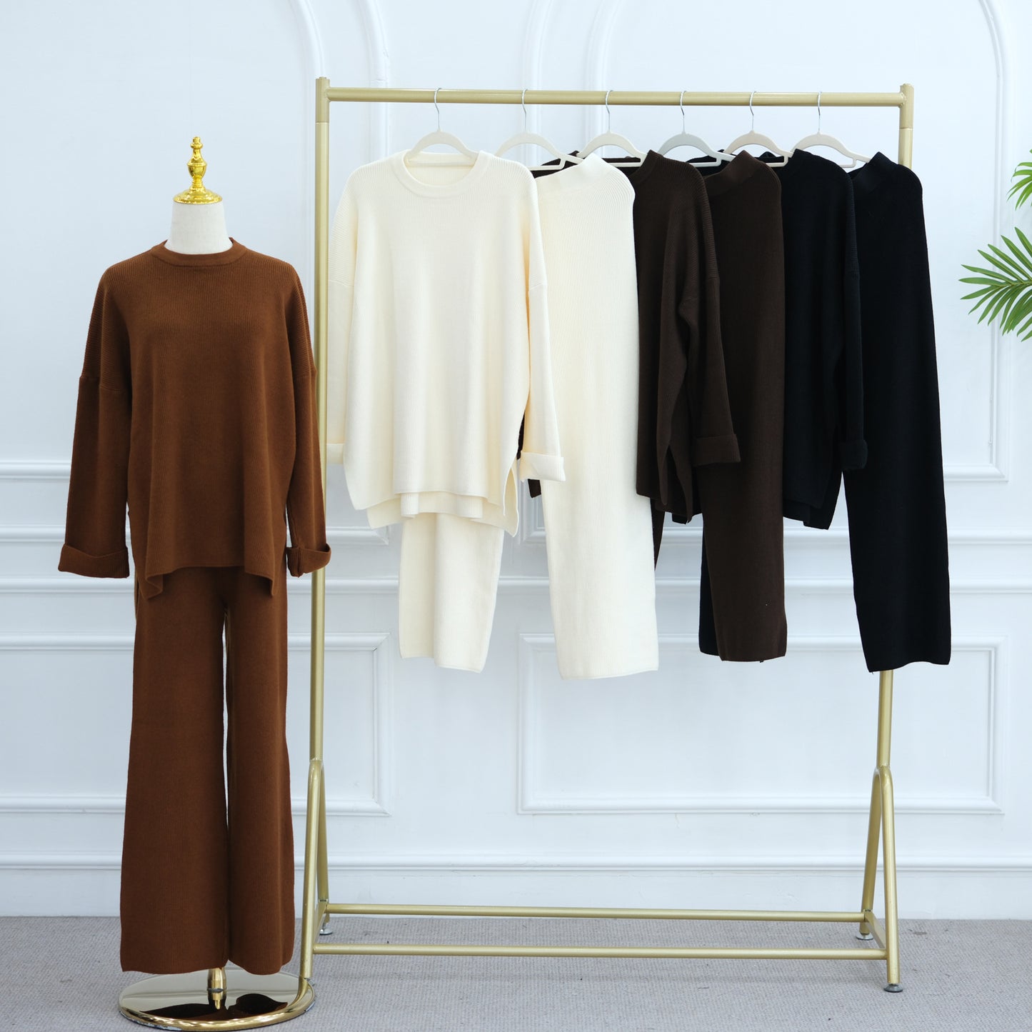 HS6599 Autumn and Winter Thickened Knitted Suit Solid Color Two-piece Suit (excluding Headscarf) Top + Trousers