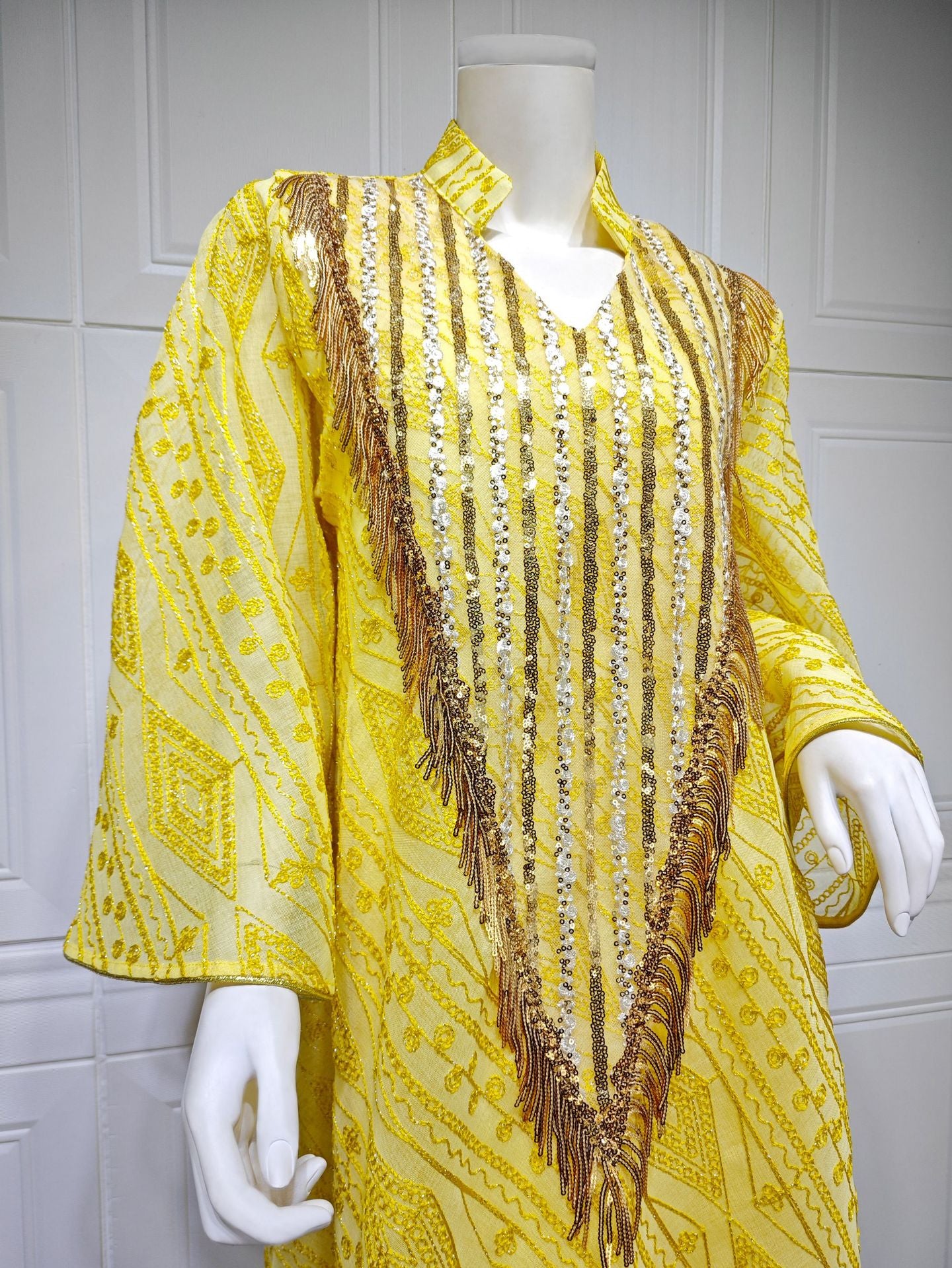 HS6648 A long robe with mesh sequins and embroidered details; an elegant and sophisticated dress.