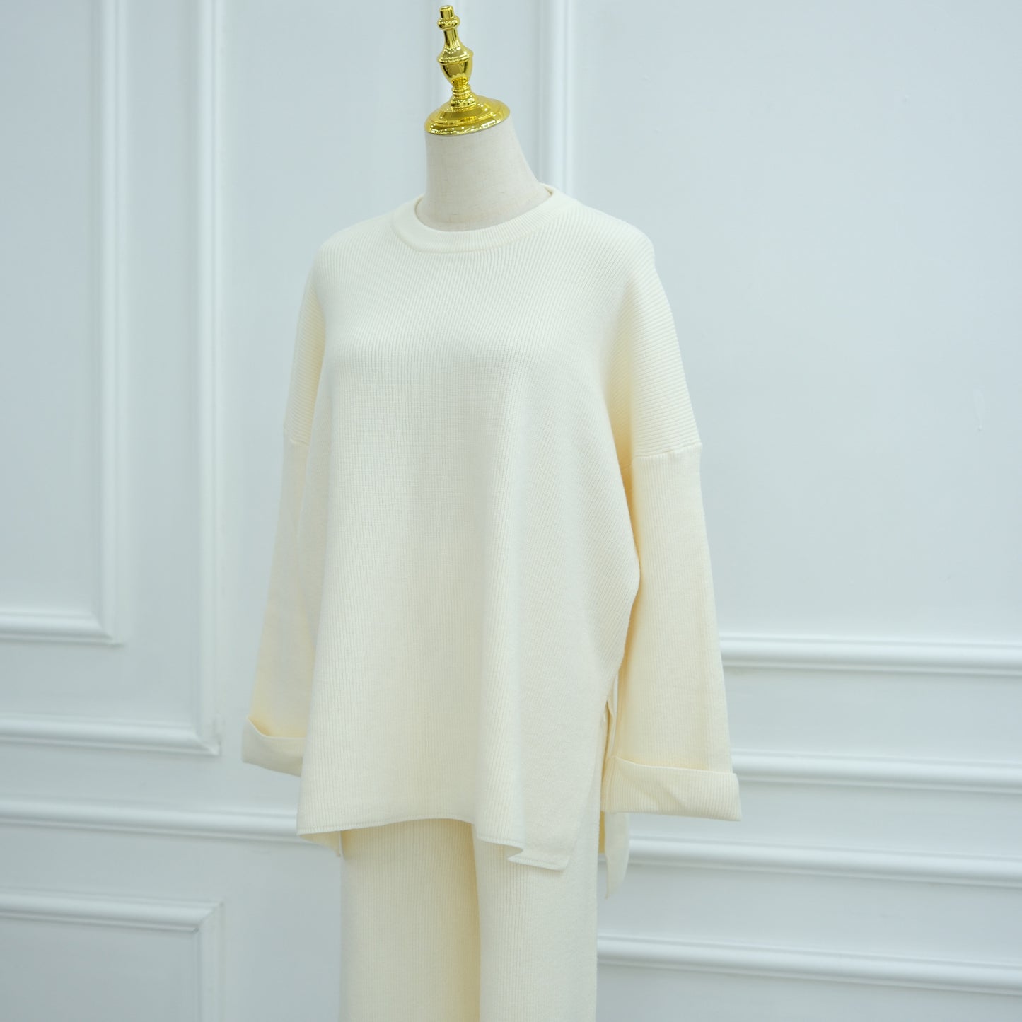HS6599 Autumn and Winter Thickened Knitted Suit Solid Color Two-piece Suit (excluding Headscarf) Top + Trousers