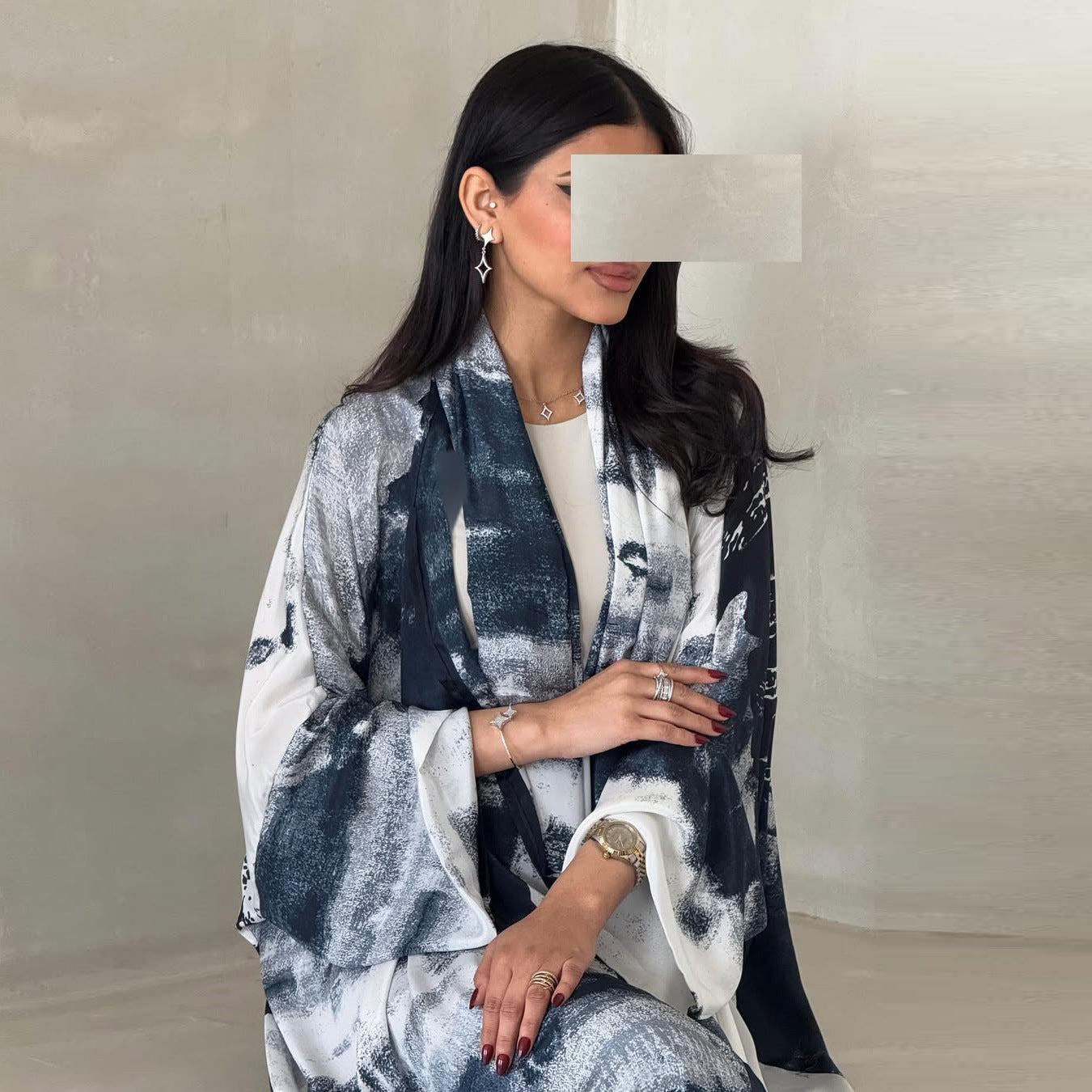 HS6638 Chiffon Printed Cardigan Two-piece Long Coat with Headscarf