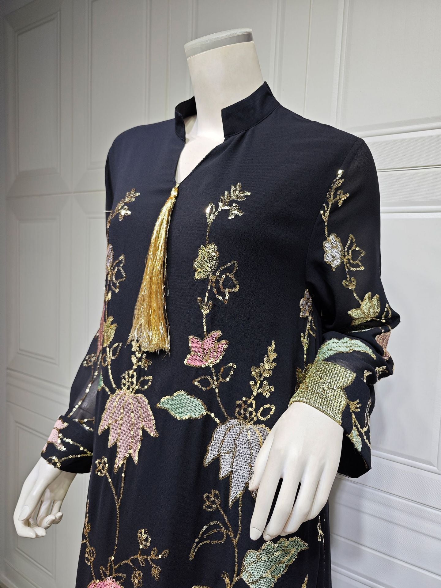 HS6649 Sequined Embroidered Tassel Long Robe, Elegant and Sophisticated Dress