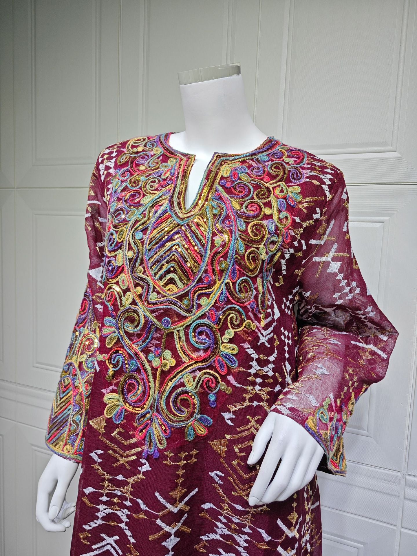 HS6663 Mesh Embroidery Patchwork Long-sleeved Dress, Robe-style Loose Fit