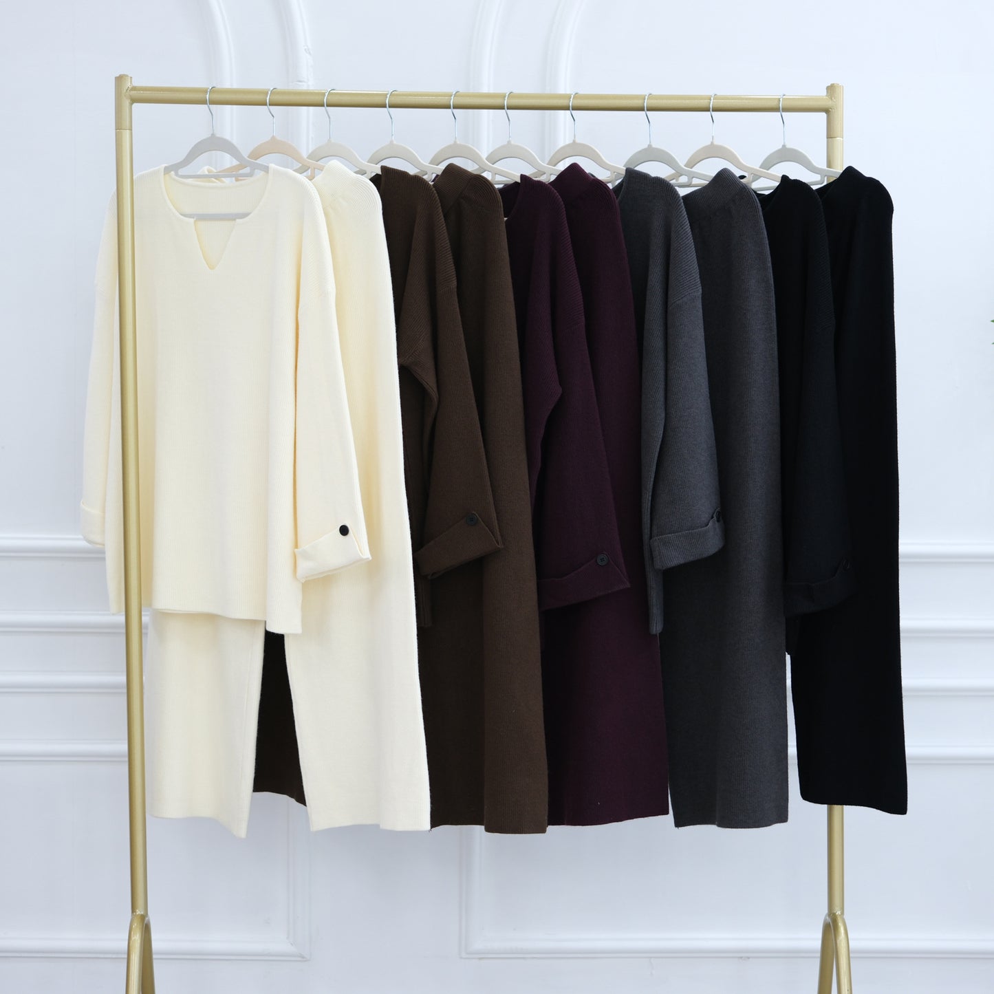 HS6600 Autumn and winter thickened knitted suit solid color two-piece suit (headscarf not included) cuff button design