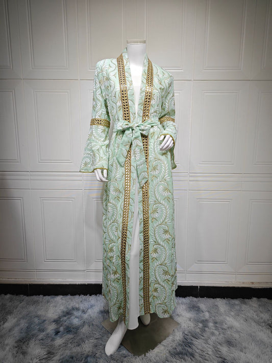 HS6664 Waist-cinching belted long dress set with lightweight printed jacket