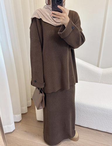 HS6597 Autumn and winter thickened knitted suit solid color two-piece suit (excluding headscarf) top + skirt