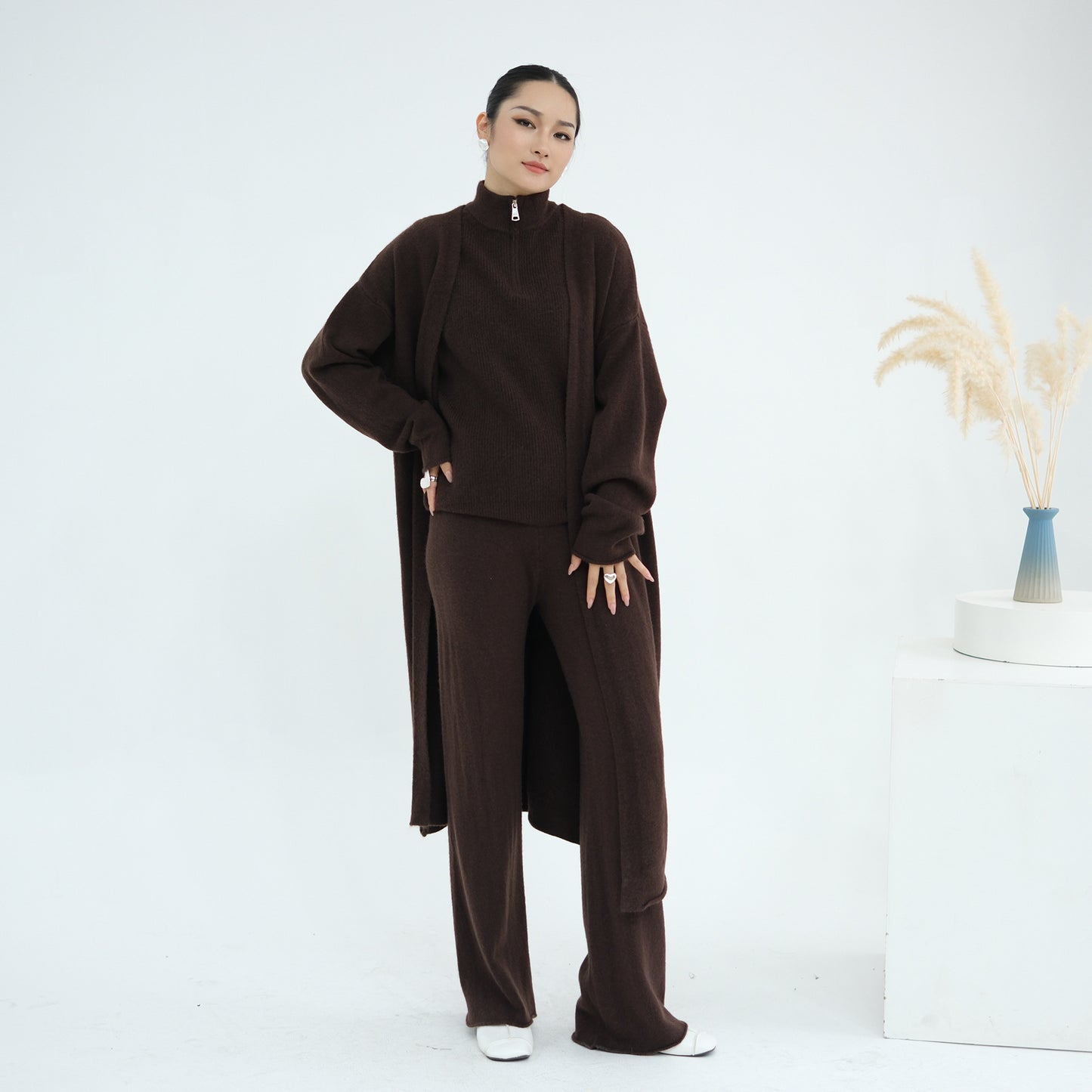 HS6603 Thickened knitted three-piece long coat set (with optional headscarf)