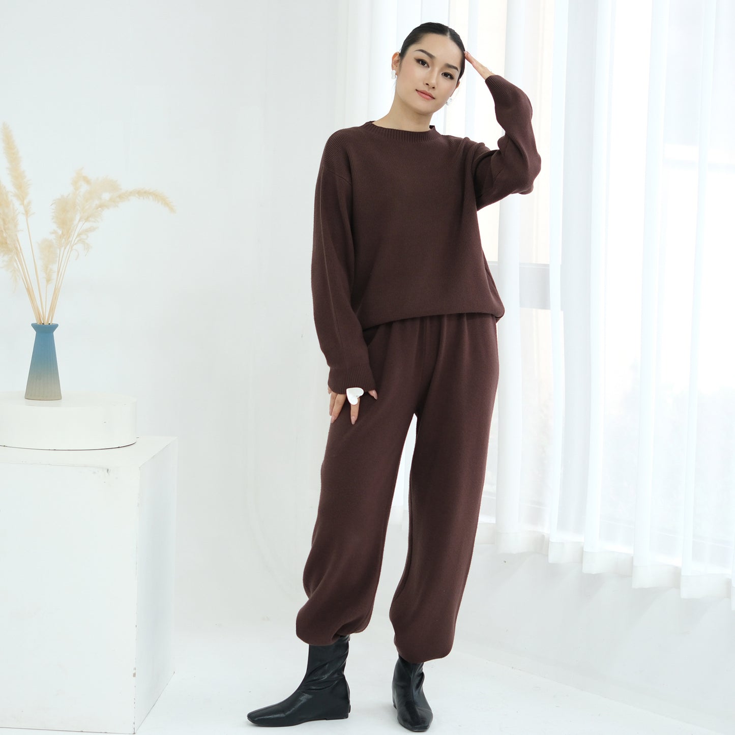 HS6595 Autumn and Winter Thickened Knitted Suit (Not Including Headscarf) | Simple Solid Color Two-Piece Suit