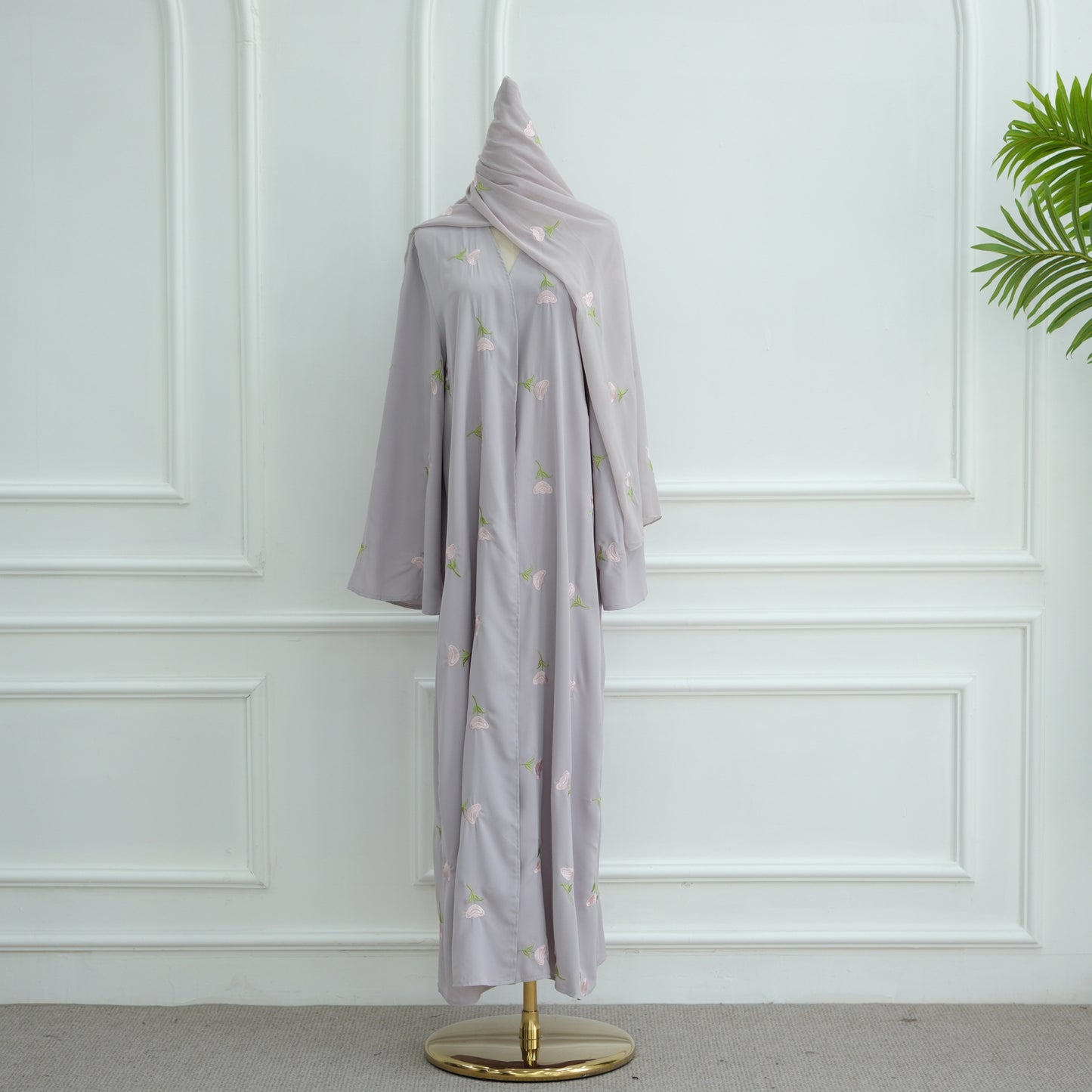 HS6631 Long cardigan with floral embroidery (headscarf optional)