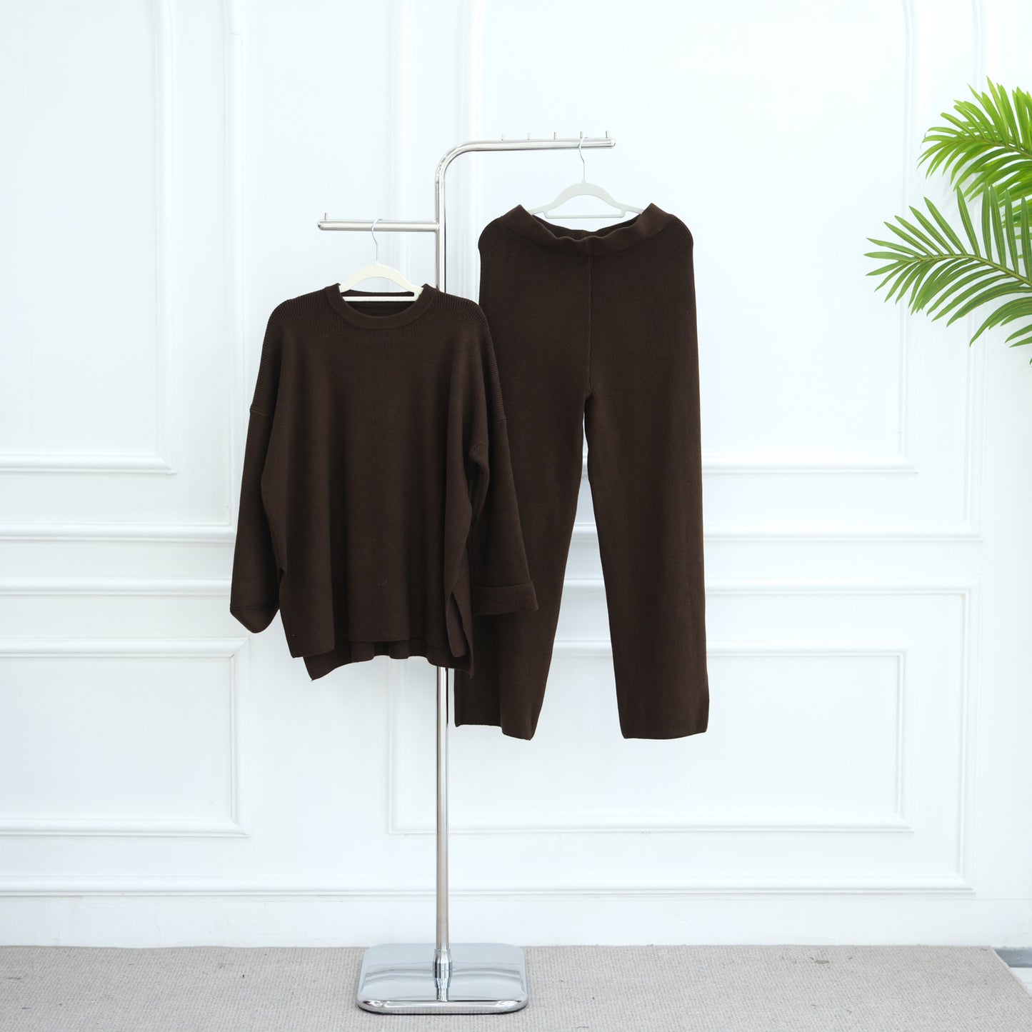 HS6599 Autumn and Winter Thickened Knitted Suit Solid Color Two-piece Suit (excluding Headscarf) Top + Trousers