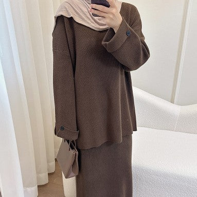 HS6597 Autumn and winter thickened knitted suit solid color two-piece suit (excluding headscarf) top + skirt