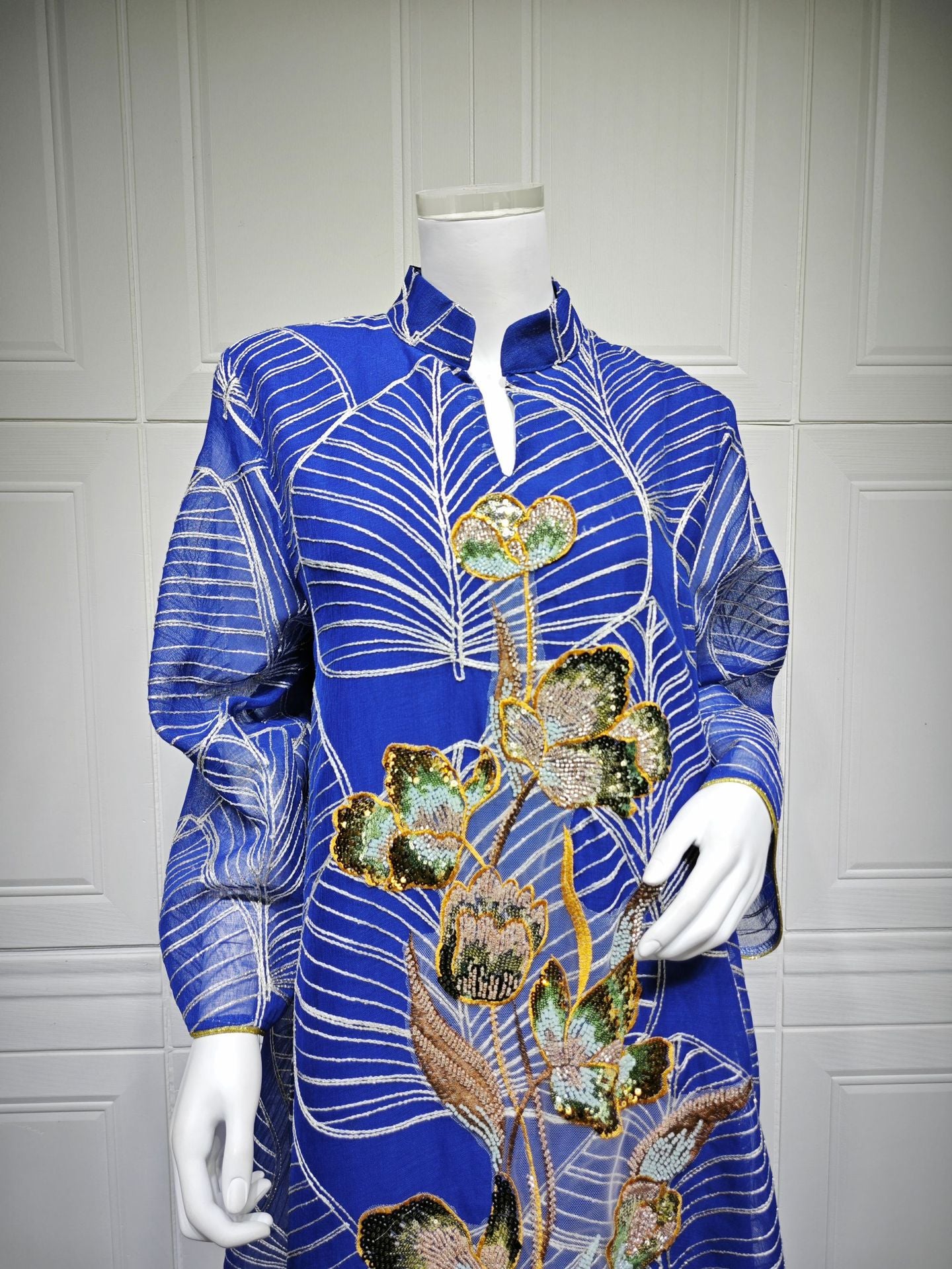 HS6657 Women's Long Robe Dress with Mesh Embroidery