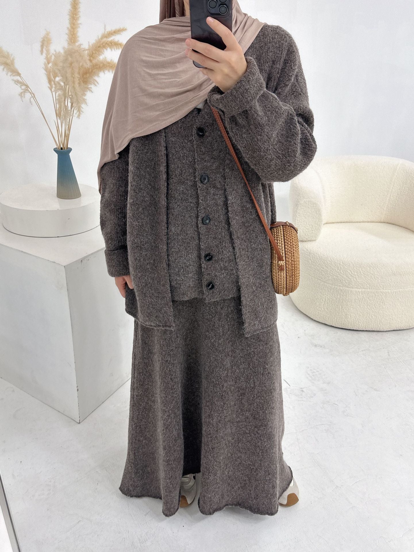 HS6596 Autumn and winter thickened knitted three-piece suit (excluding headscarf) vest + cardigan + skirt