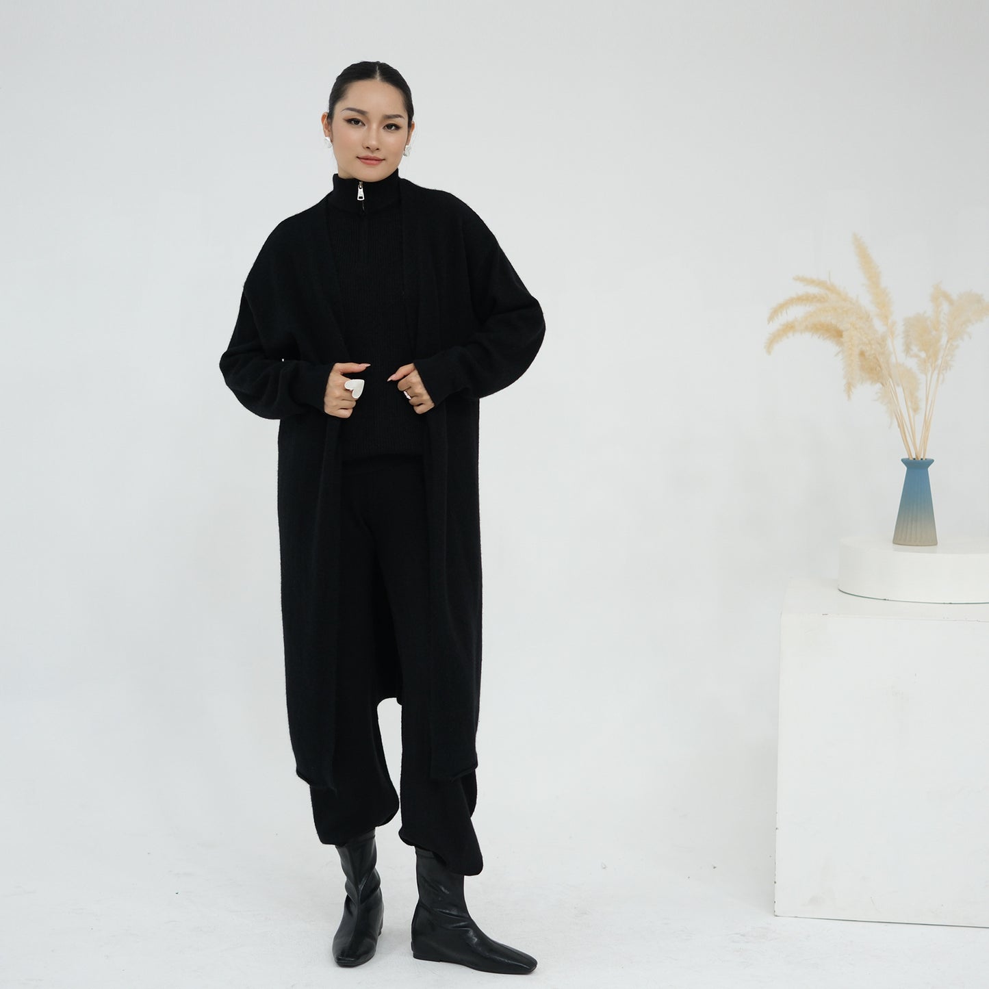 HS6603 Thickened knitted three-piece long coat set (with optional headscarf)