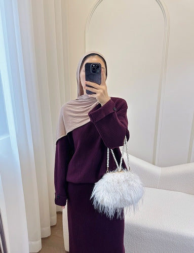HS6597 Autumn and winter thickened knitted suit solid color two-piece suit (excluding headscarf) top + skirt