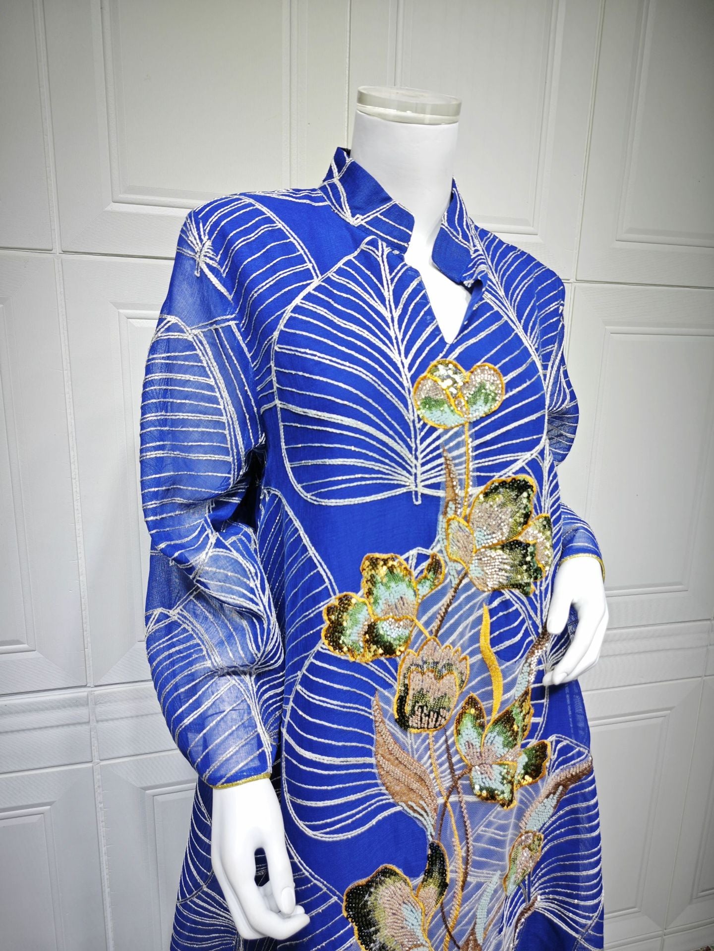 HS6657 Women's Long Robe Dress with Mesh Embroidery