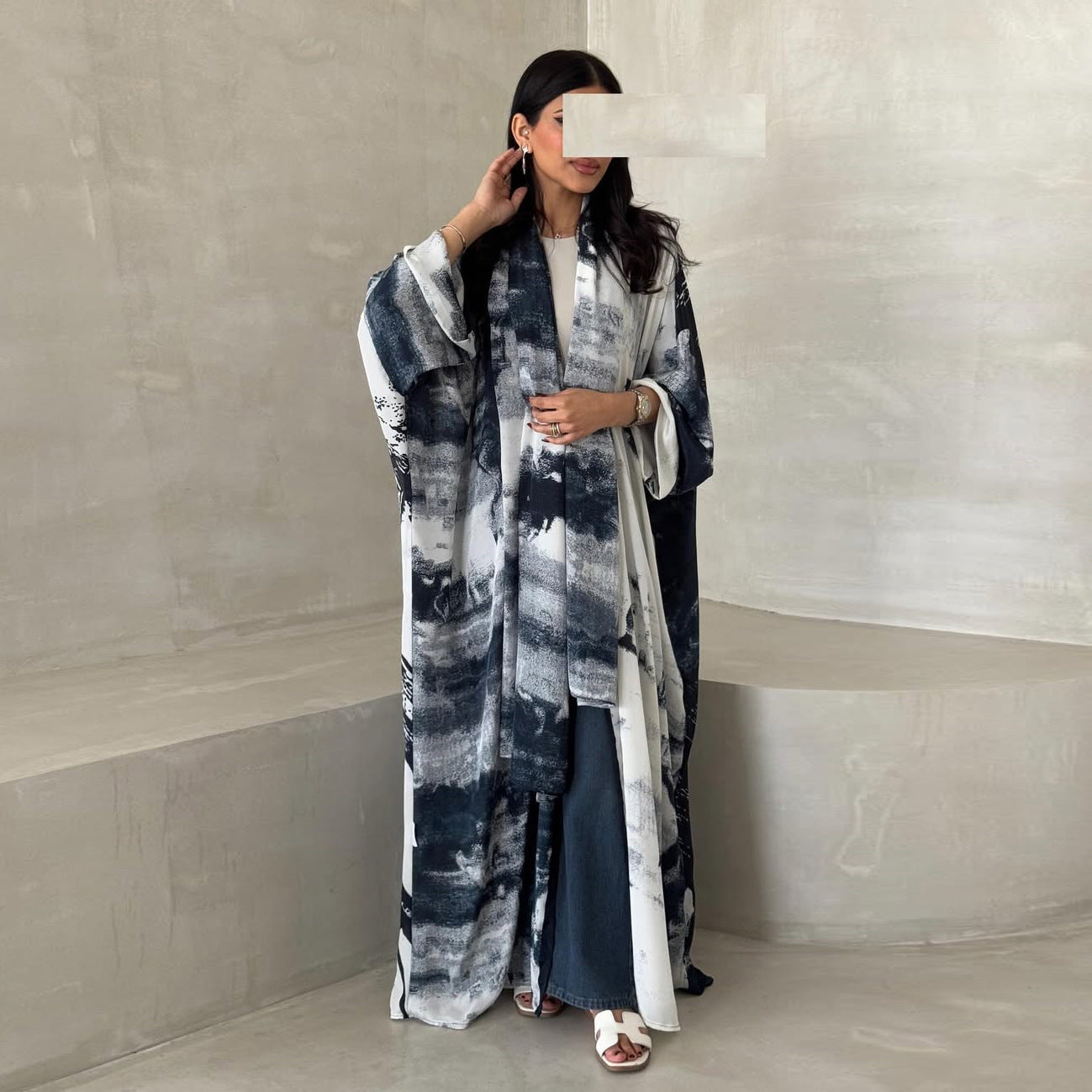 HS6638 Chiffon Printed Cardigan Two-piece Long Coat with Headscarf