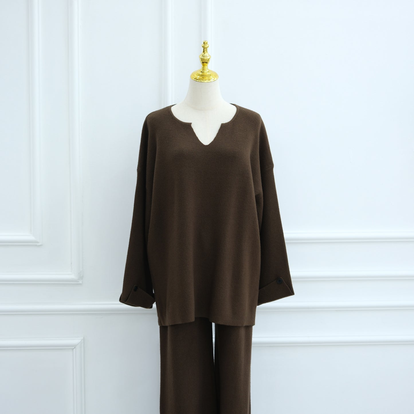 HS6600 Autumn and winter thickened knitted suit solid color two-piece suit (headscarf not included) cuff button design