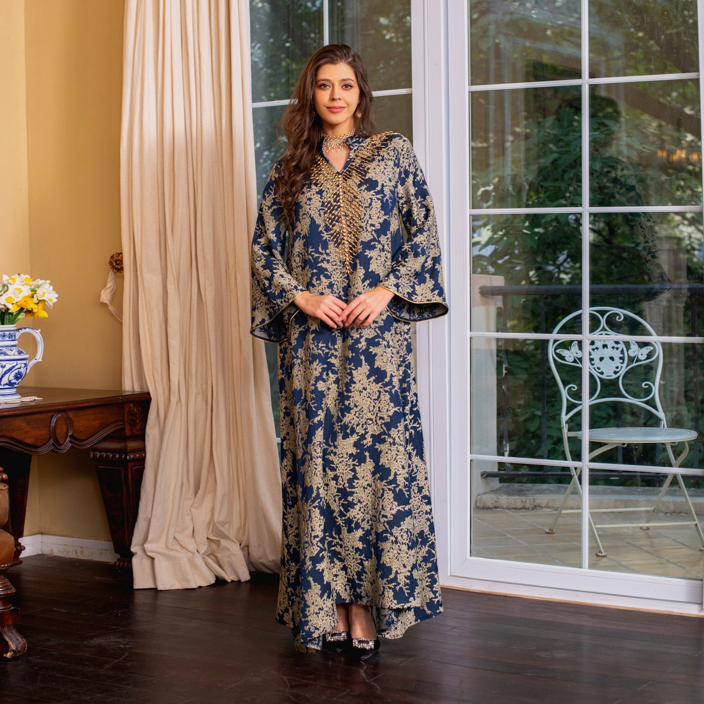 HS6660 Jacquard fabric embroidered beaded robe dress with rich design features