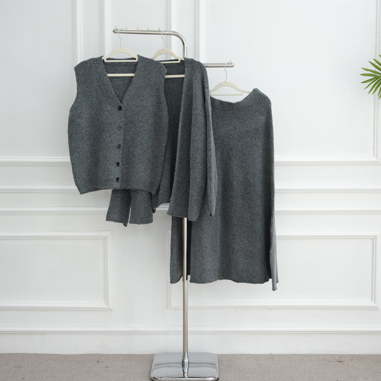 HS6596 Autumn and winter thickened knitted three-piece suit (excluding headscarf) vest + cardigan + skirt