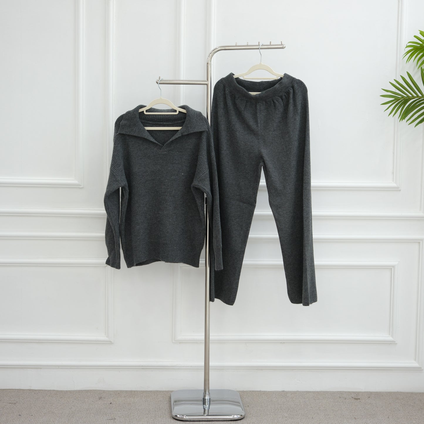 HS6594 Autumn and Winter Thickened Knitted Suit | Simple Solid Color Two-piece Suit