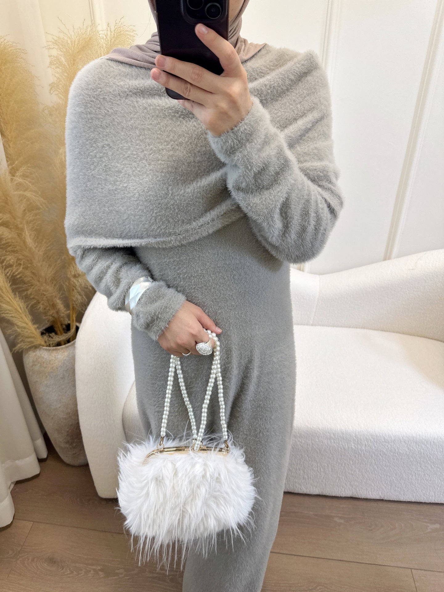 HS6604  Slim-fit Knit Sweater Two-piece Set with Shawl Design (headscarf Optional)