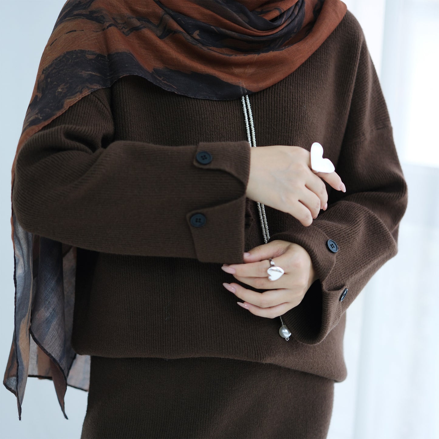 HS6601 Autumn and Winter Thickened Knitted Suit Solid Color Two-piece Skirt Suit (optional Headscarf)